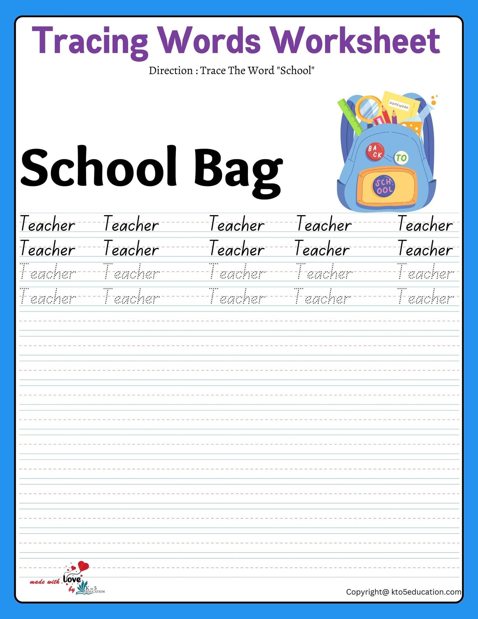Trace The Word School Bag Worksheet