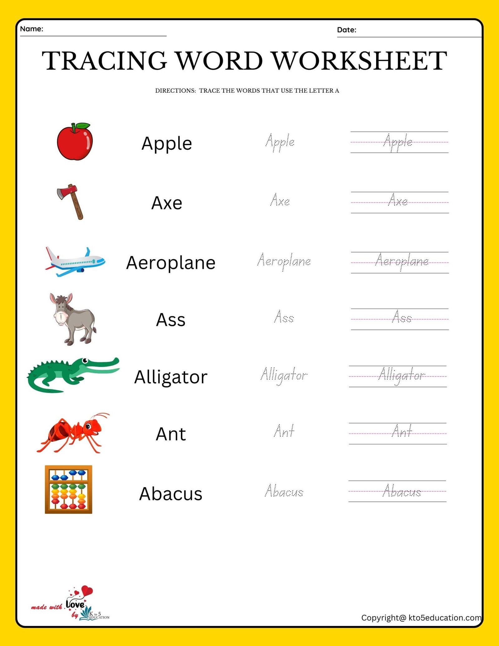 Trace The Words That Use The Letter A Worksheet