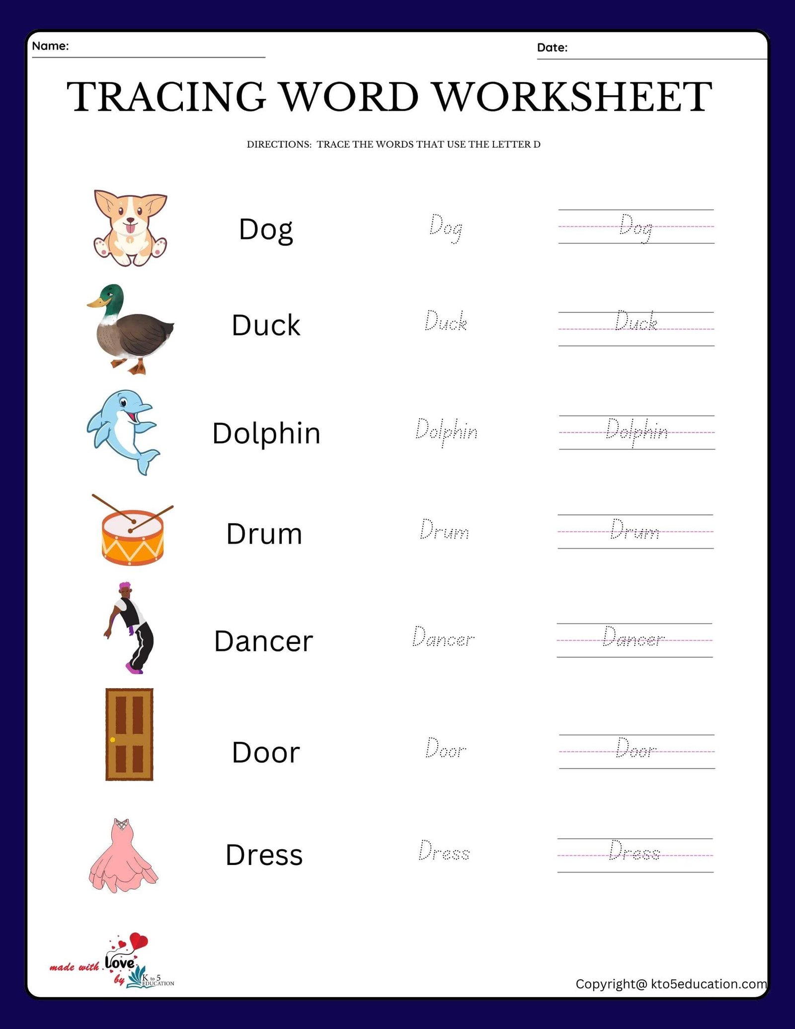Trace The Words That Use The Letter D Worksheet