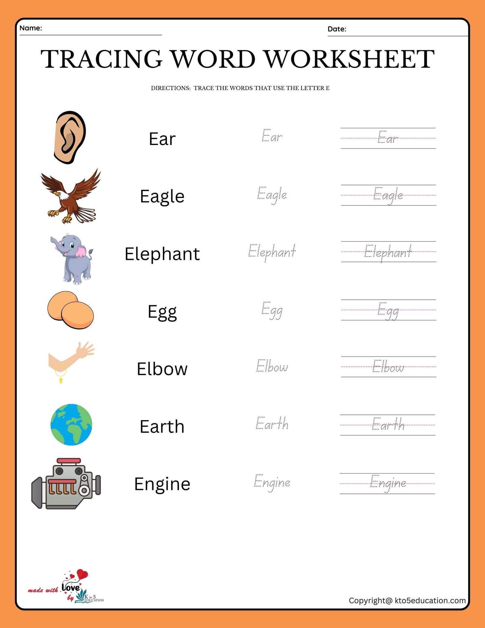 Trace The Words That Use The Letter E Worksheet