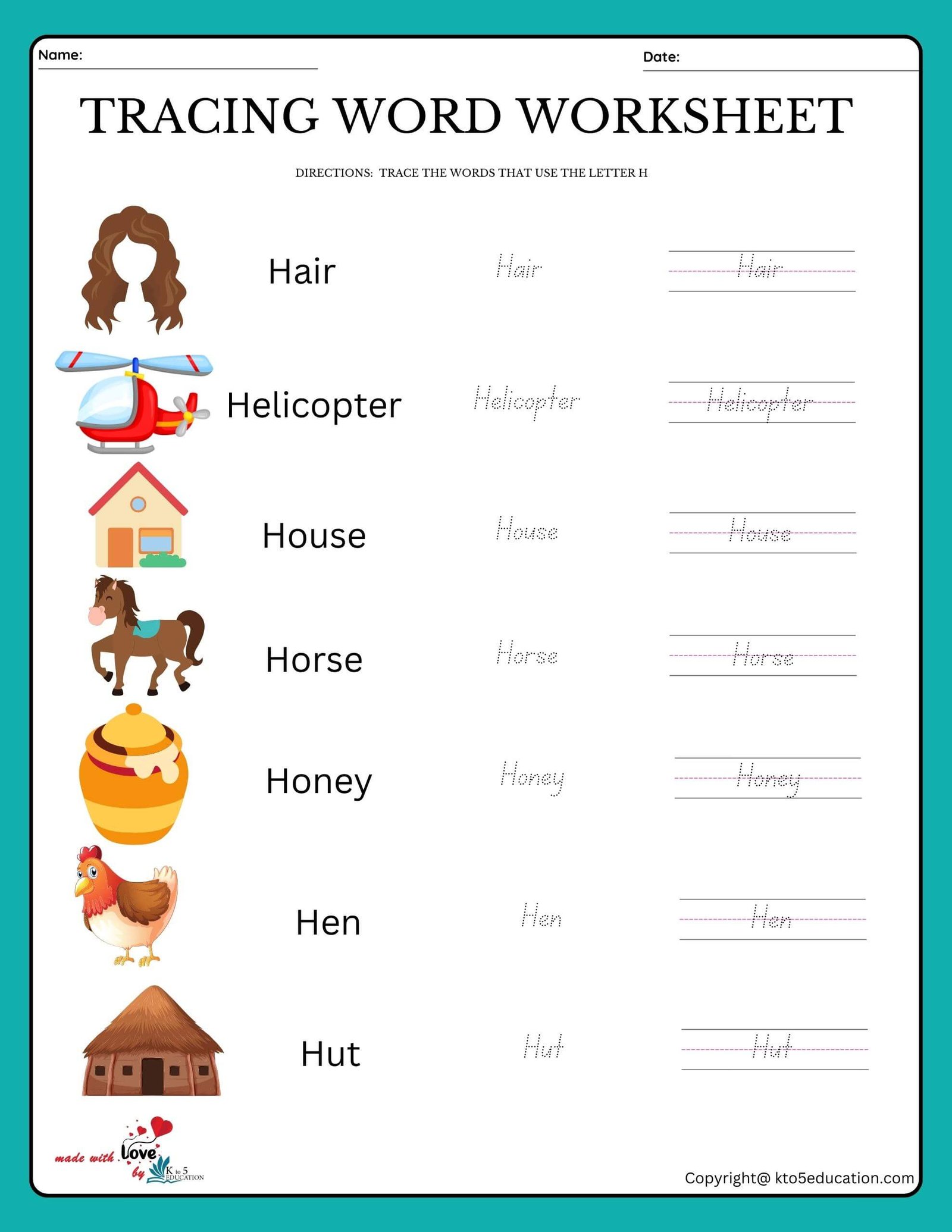 Trace The Words That Use The Letter H Worksheet