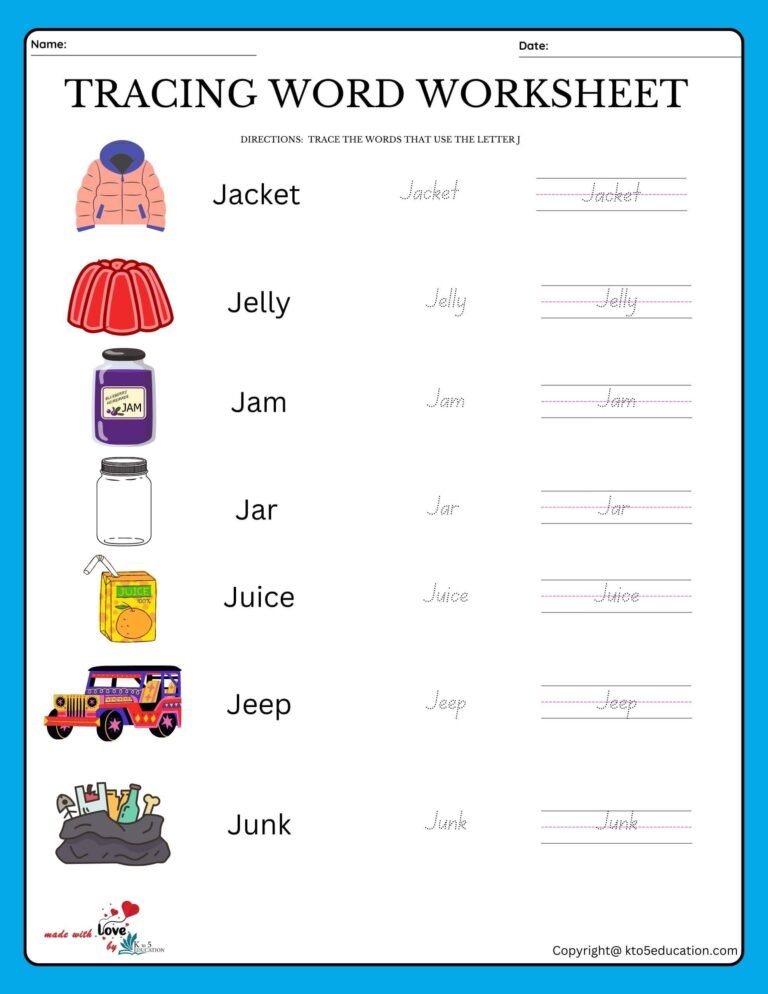 Trace The Words That Use The Letter J Worksheet