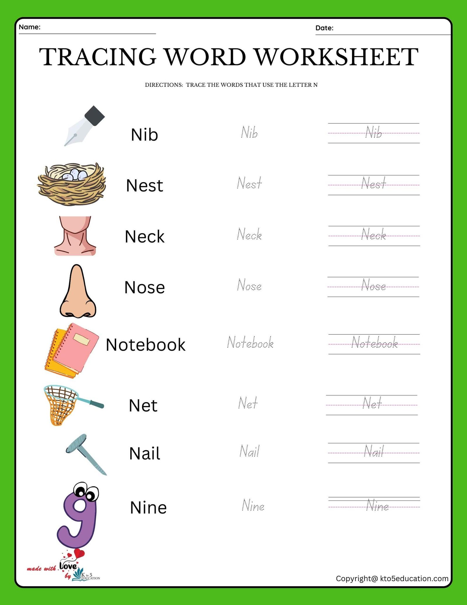 Trace The Words That Use The Letter N Worksheet