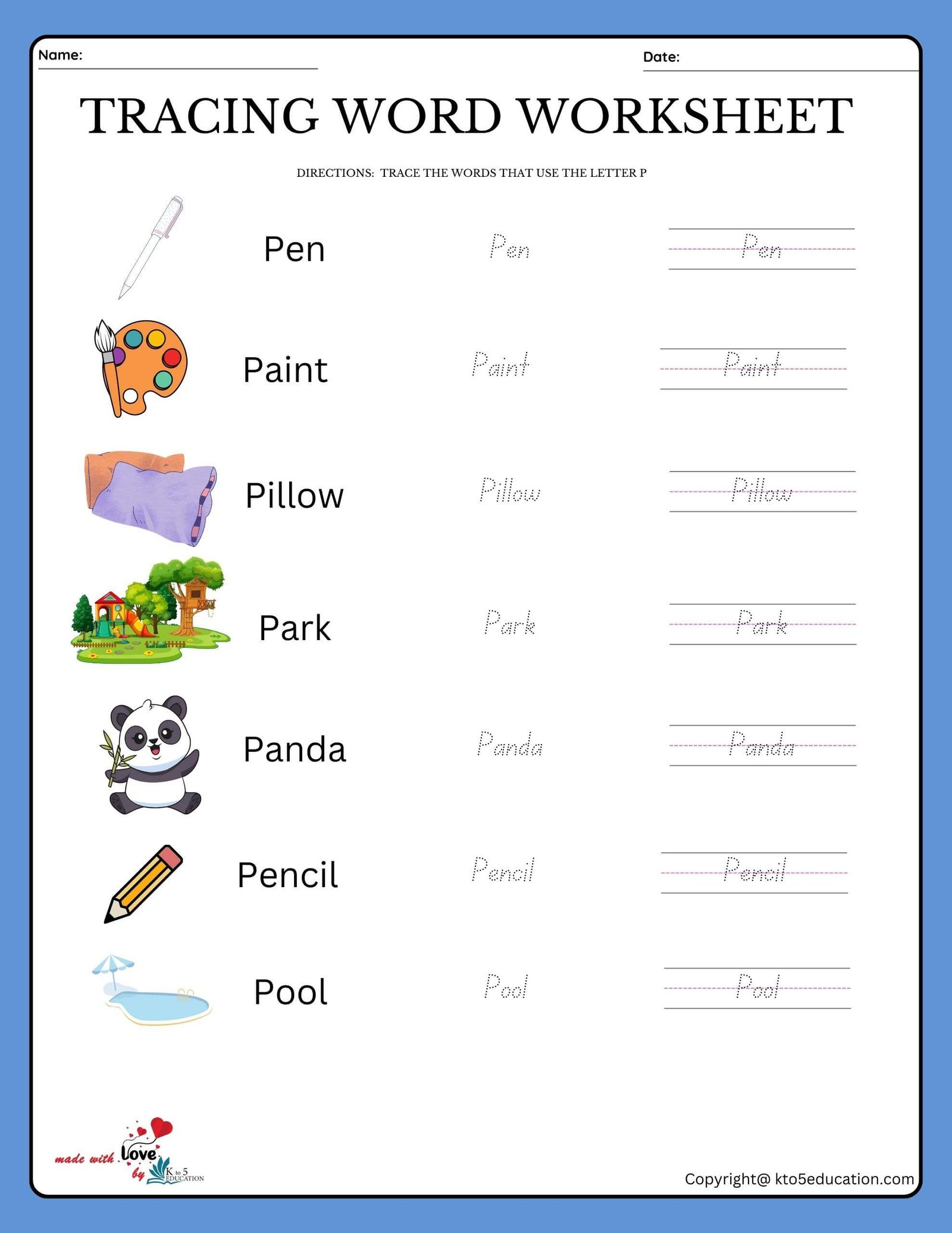Trace The Words That Use The Letter P Worksheet