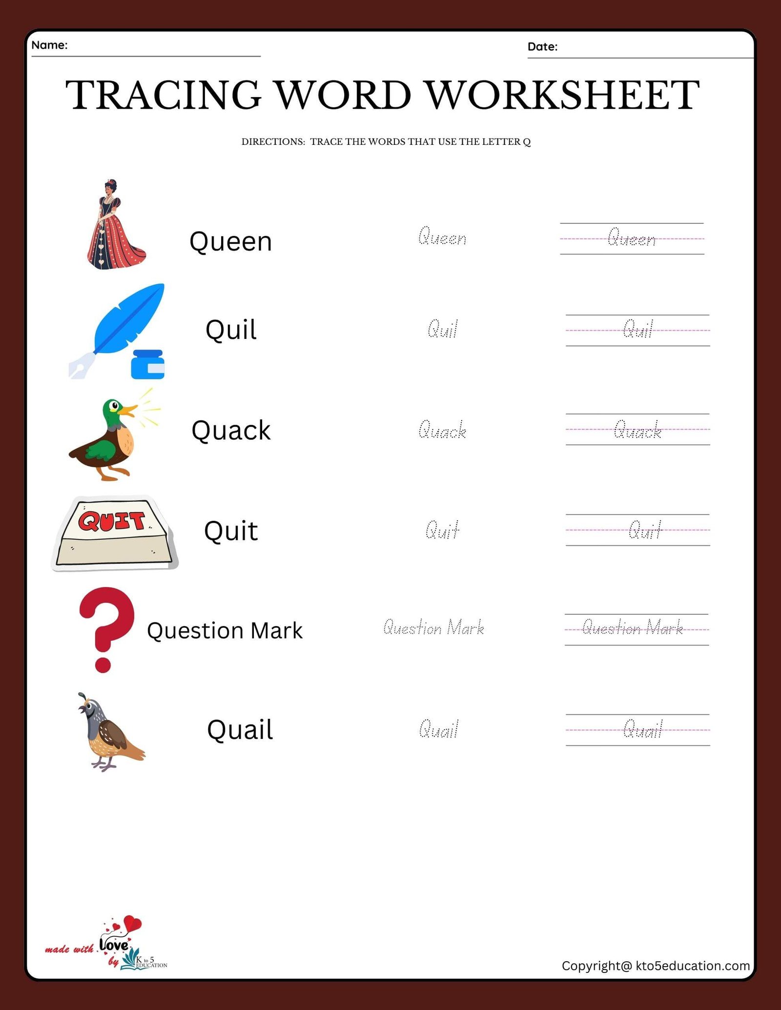 Trace The Words That Use The Letter Q Worksheet