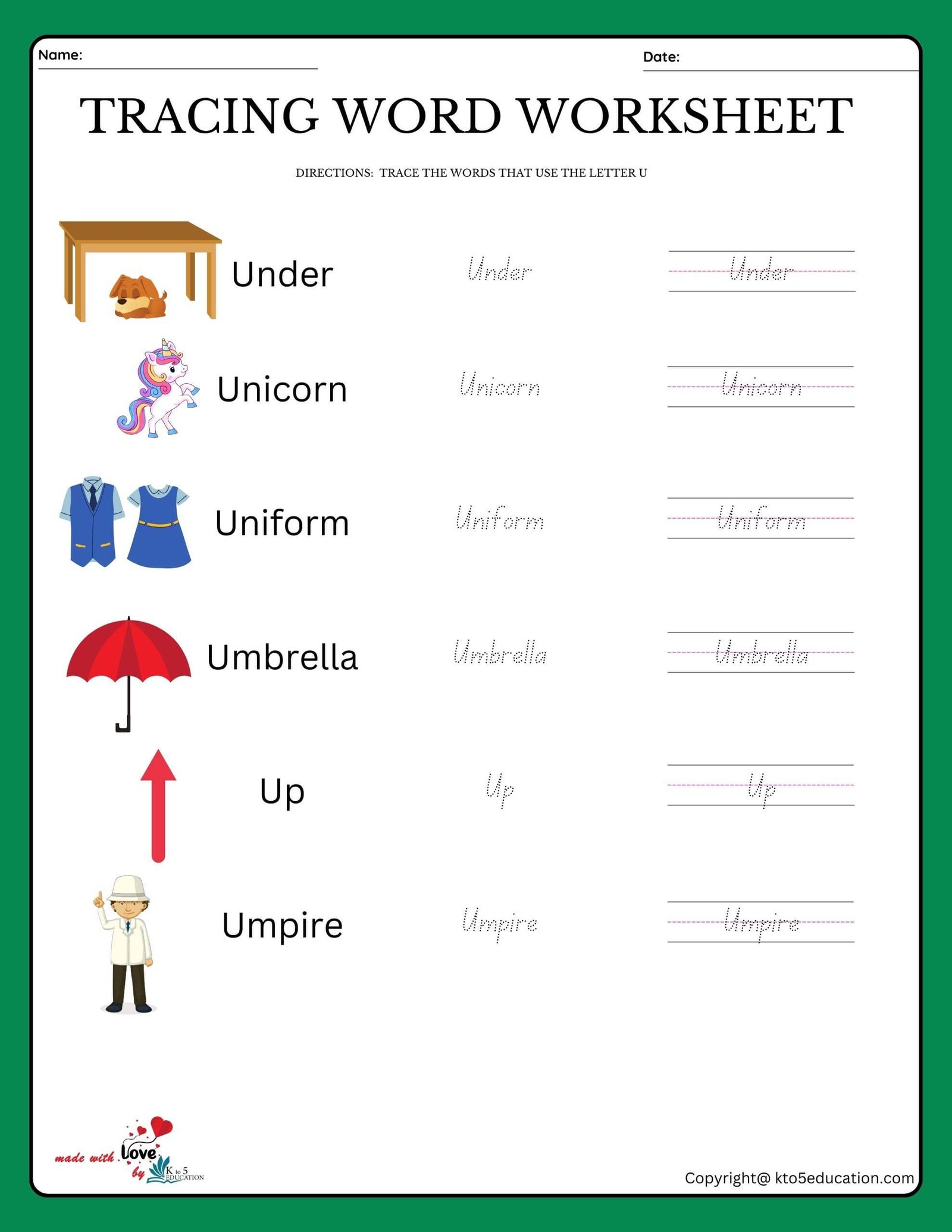 Trace The Words That Use The Letter U Worksheet