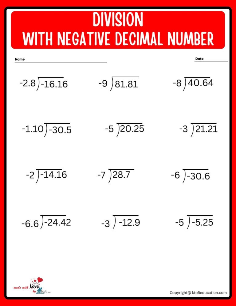 2 Digit Division With Decimal Negative Number Worksheet