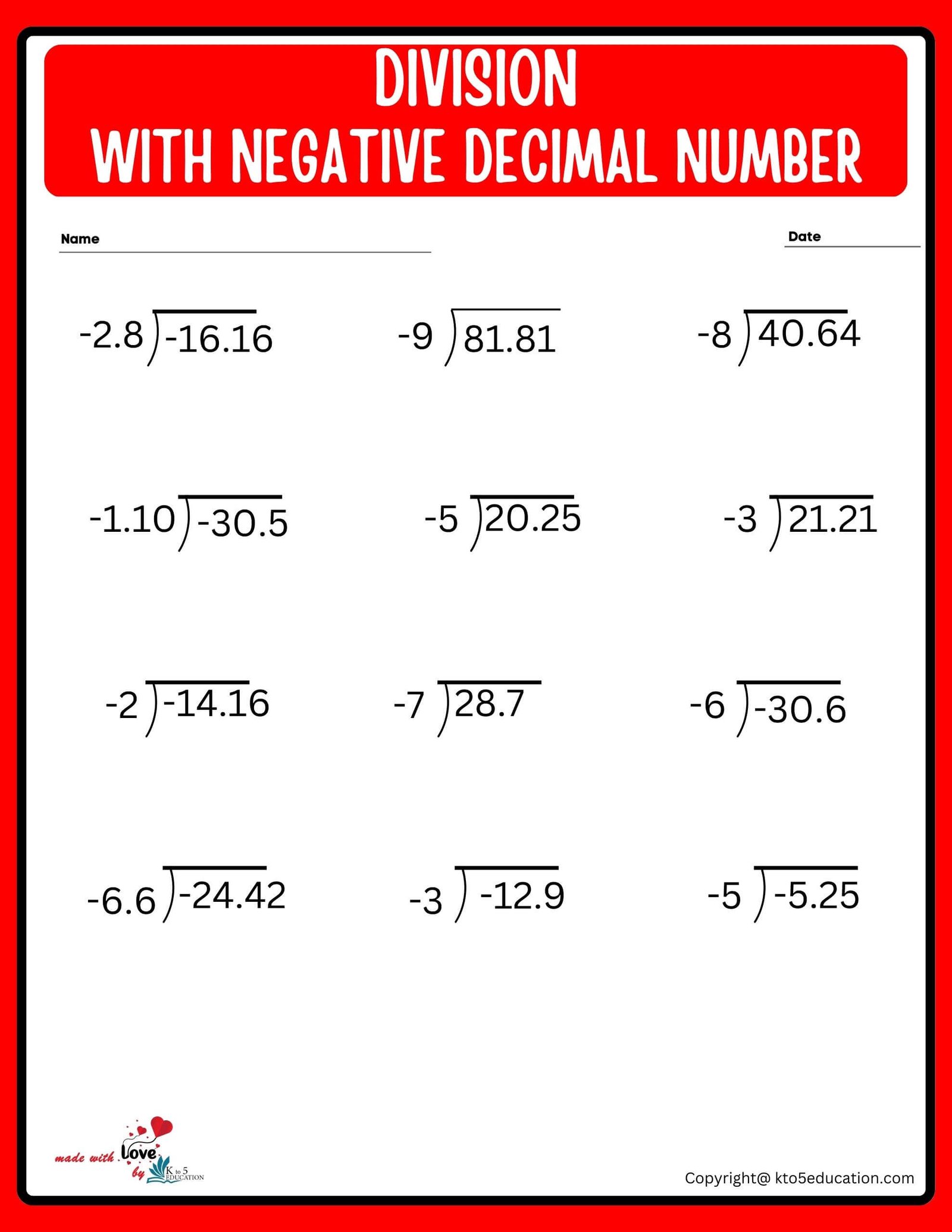 2 Digit Division With Decimal Negative Number Worksheet