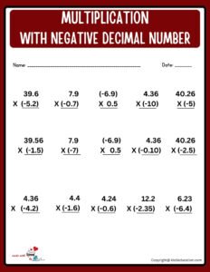 2 Digit Multiplication With Decimal Negative Number Worksheet
