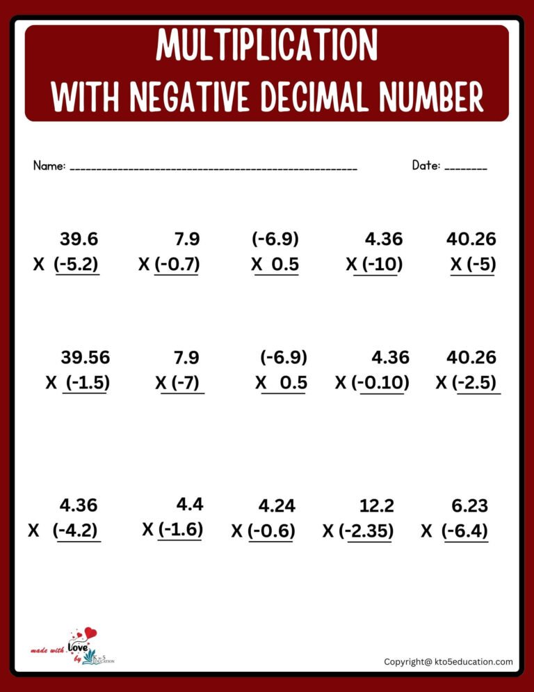 2 Digit Multiplication With Decimal Negative Number Worksheet | FREE Download