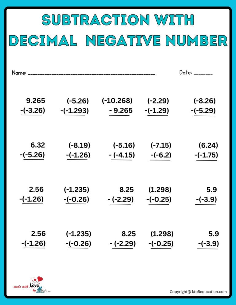 3 Digit Subtraction With Decimal Number Worksheet