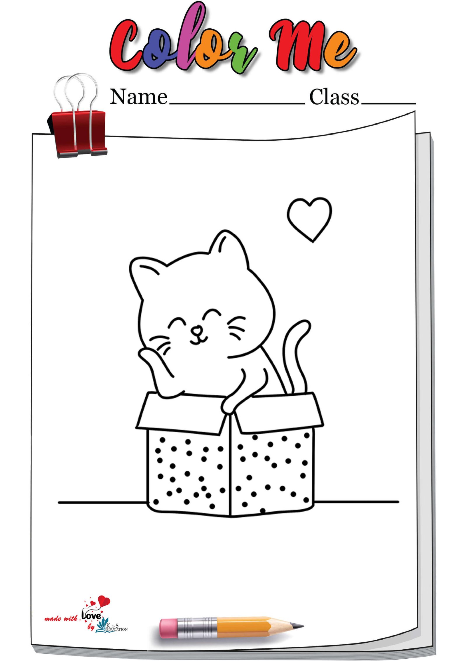 A Cute Happy Cat Sit In The Pink Box Coloring Page
