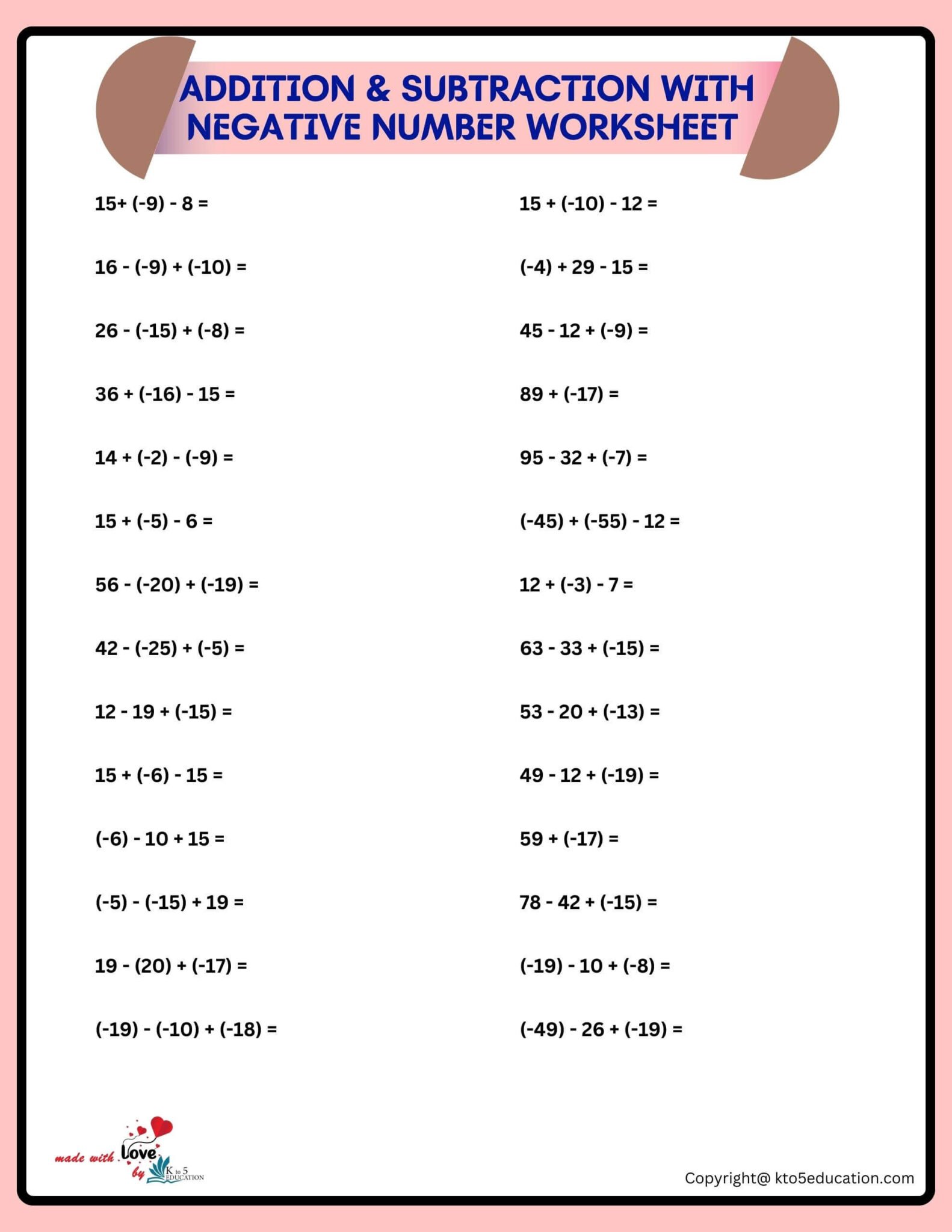 addition and subtraction of integers worksheets for grade 7