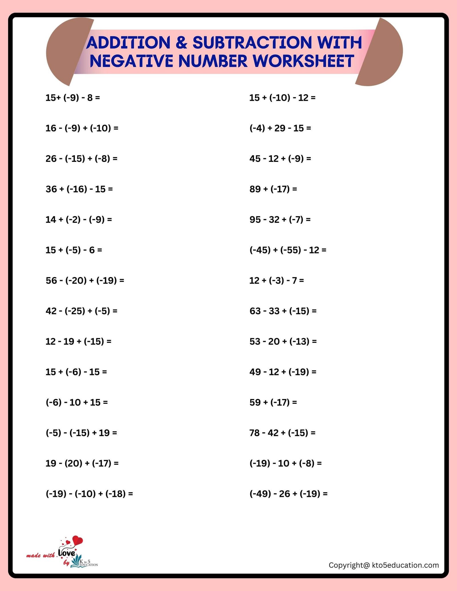 Addition And Subtraction Of Integers Worksheets FREE