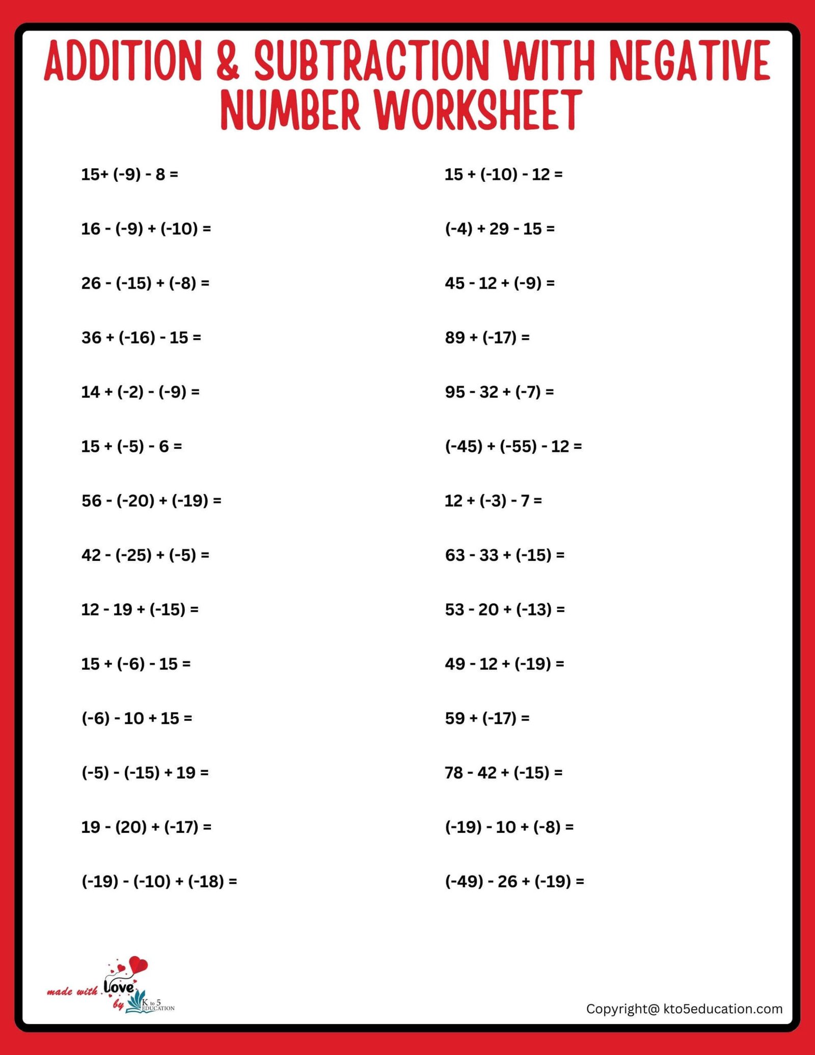 Negative And Positive Addition And Subtraction Worksheets