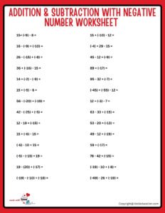 Addition And Subtraction Of Negative And Positive Numbers Worksheets