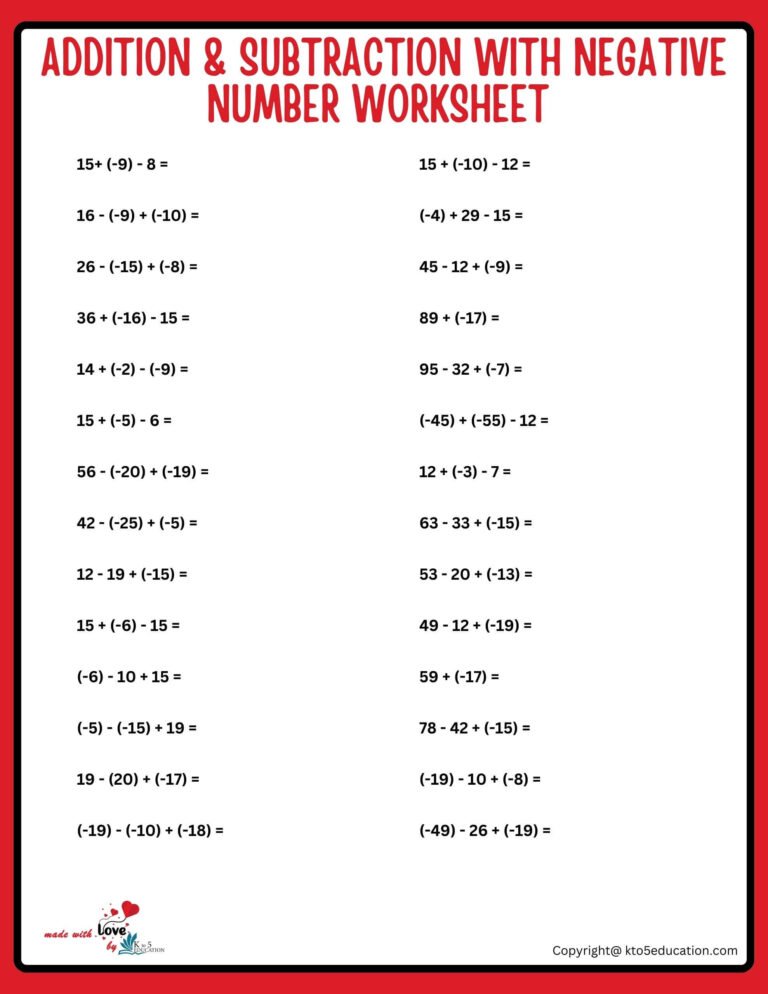 Addition And Subtraction Of Negative And Positive Numbers Worksheets