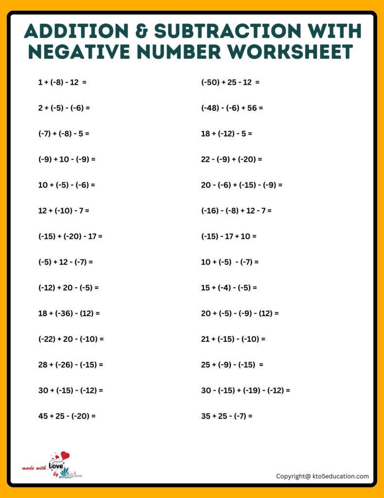 Addition And Subtraction Negative Numbers Worksheets