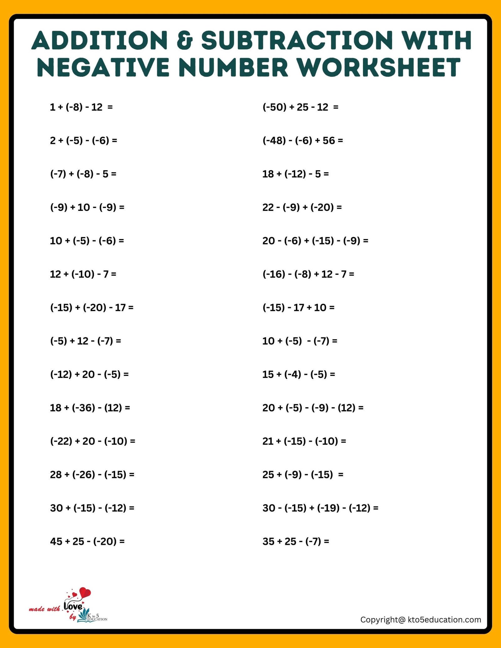 Addition And Subtraction Of Negative Numbers Worksheets