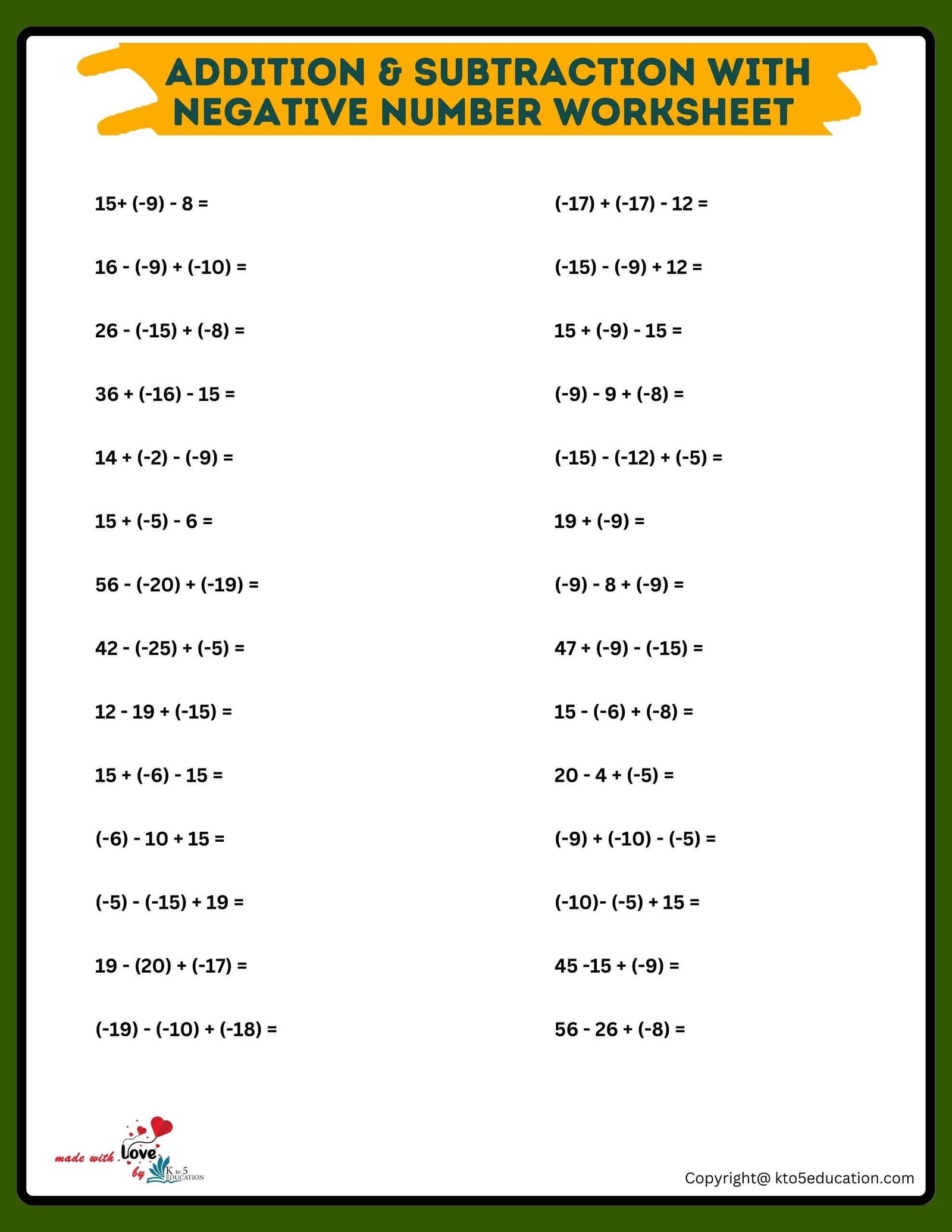 Addition And Subtraction Of Positive Numbers Worksheets