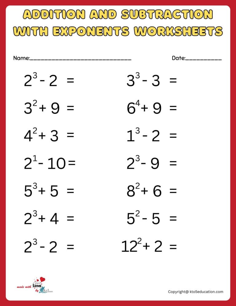 Addition And Subtraction With Eponents Number Worksheet For 1st Grade | FREE Download