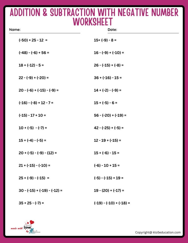 Addition And Subtraction With Negative Number Worksheet