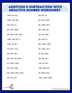 Addition And Subtraction With Negative Numbers Worksheet