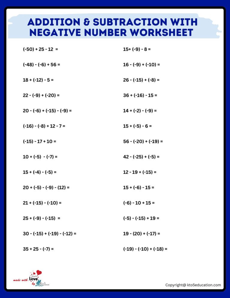 Addition And Subtraction With Negative Numbers Worksheet