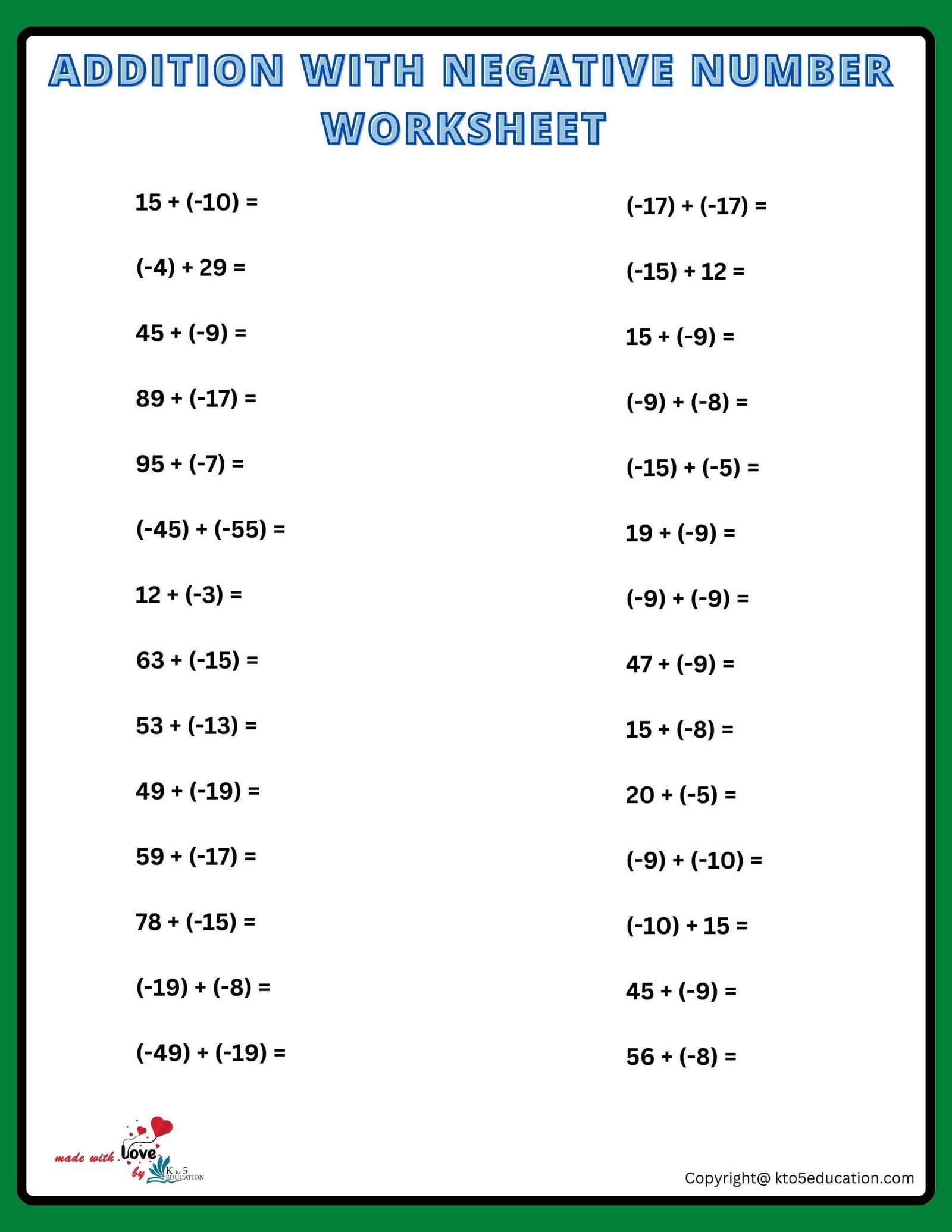 Addition Of Double Digit Numbers Worksheet