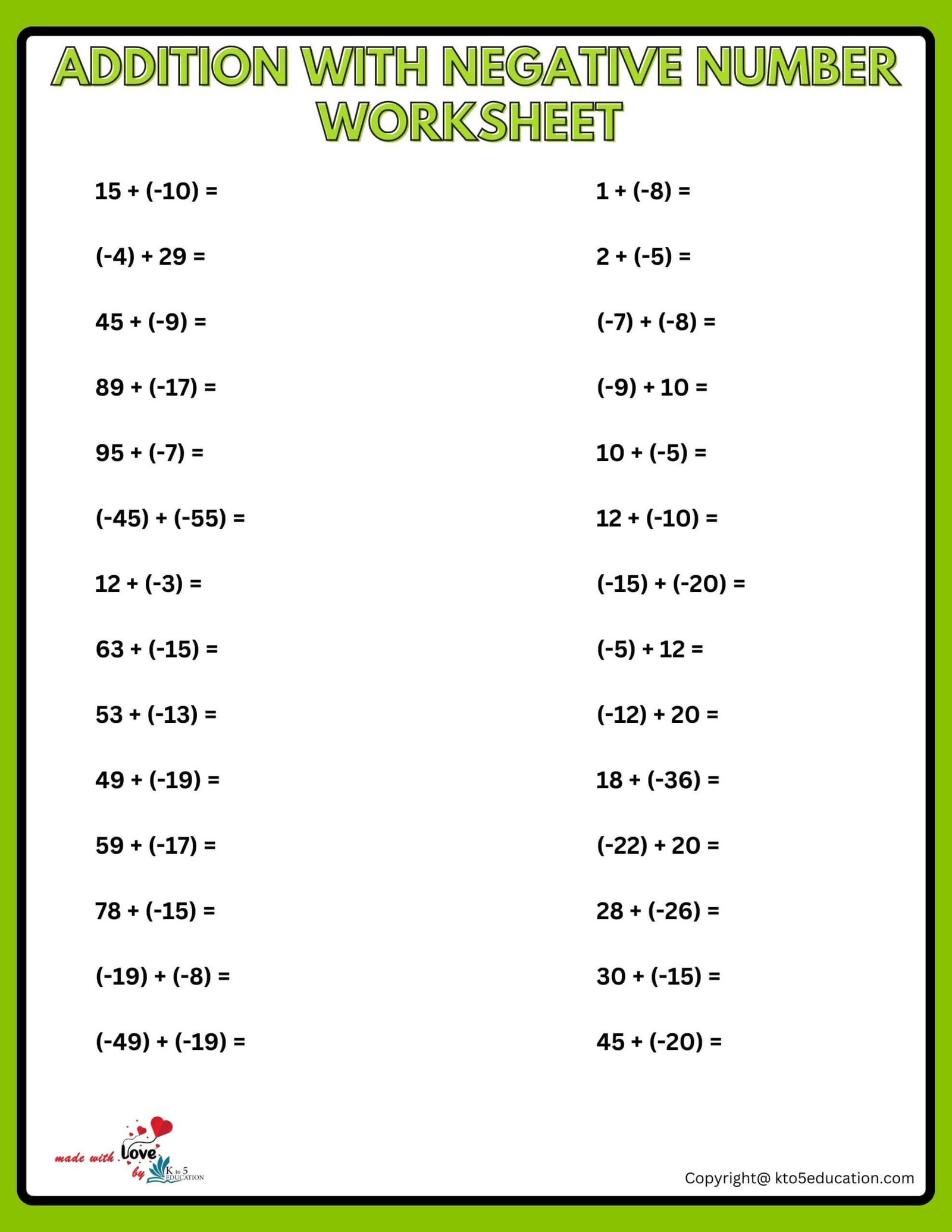 Addition Of Integers Worksheet FREE Download