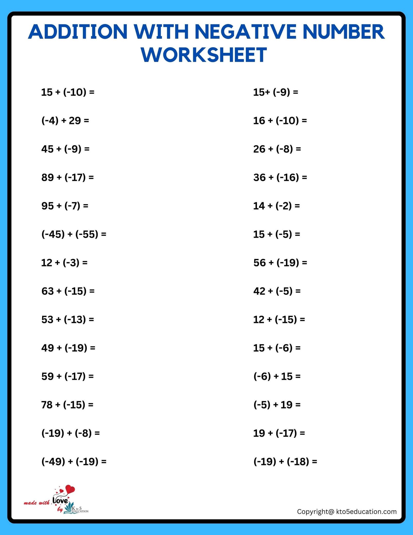 Addition Of Negative And Positive Numbers Worksheets