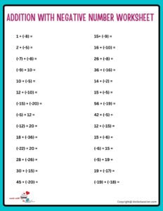 Addition Of Negative Numbers Worksheet