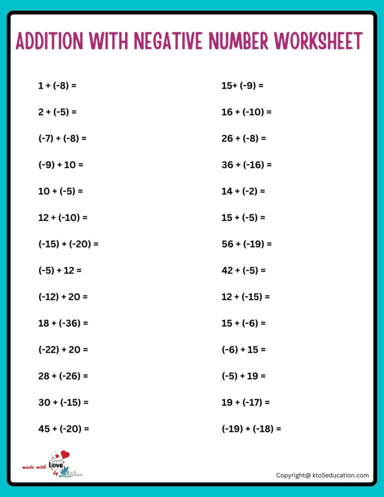 Addition Of Negative Numbers Worksheet | FREE Download