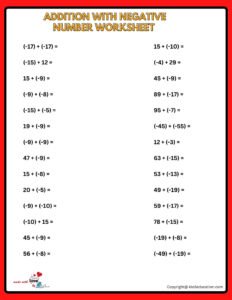 Addition Of Negative Numbers Worksheets