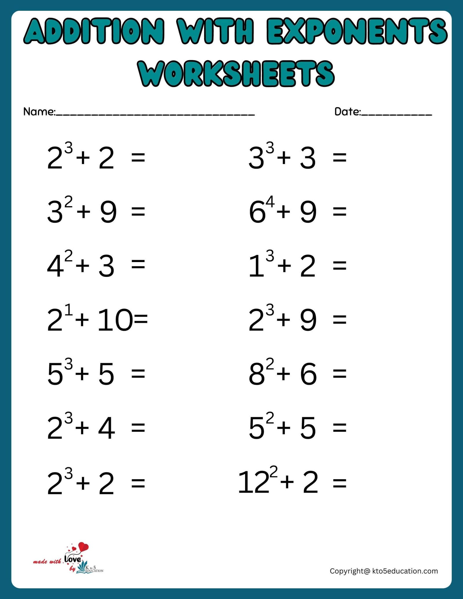 Addition With Exponents Online Activity Worksheet