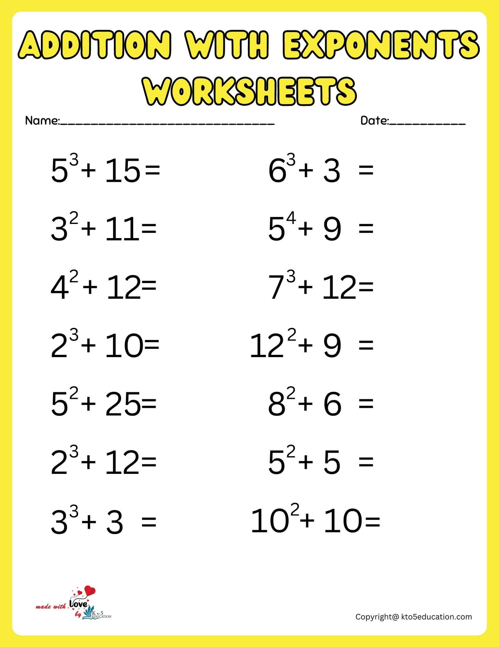 Addition With Exponents Worksheet For Kids