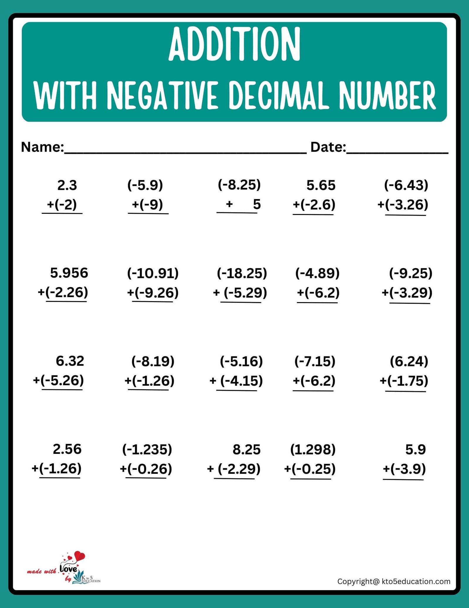 Addition With Negative Decimal Numbers Worksheet