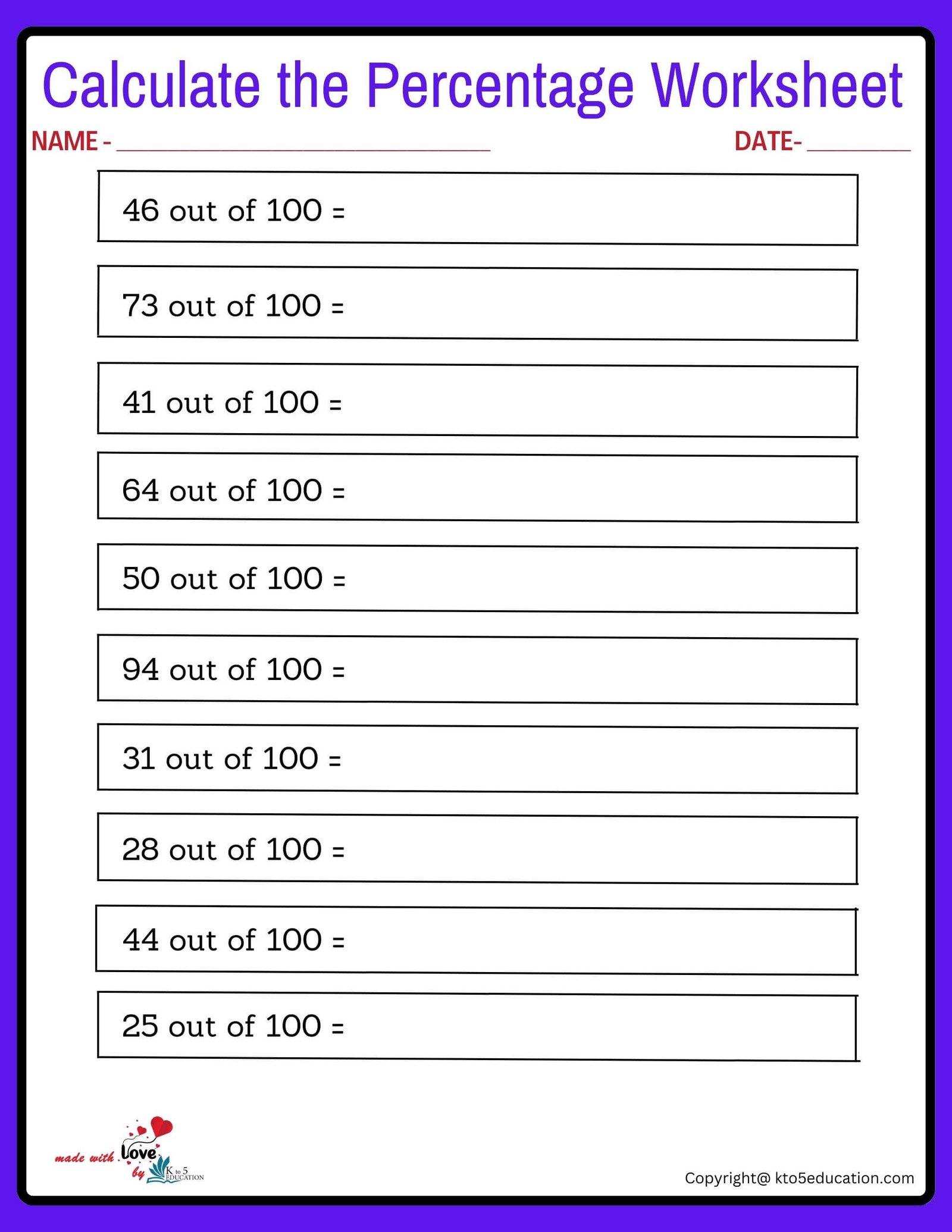 Calculate 100 Percentage Of A Value Worksheet