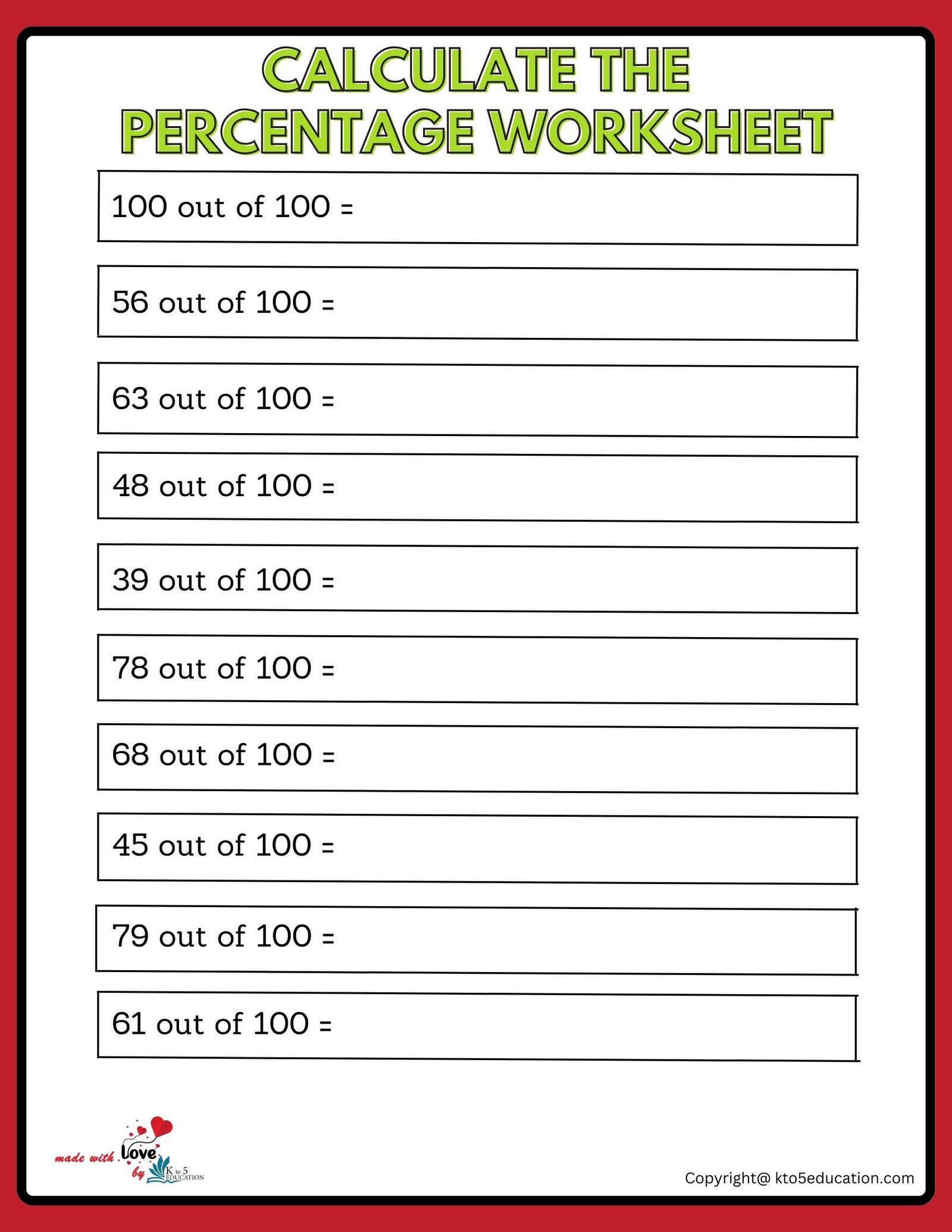 Calculate A Percentage Of 100 Worksheet