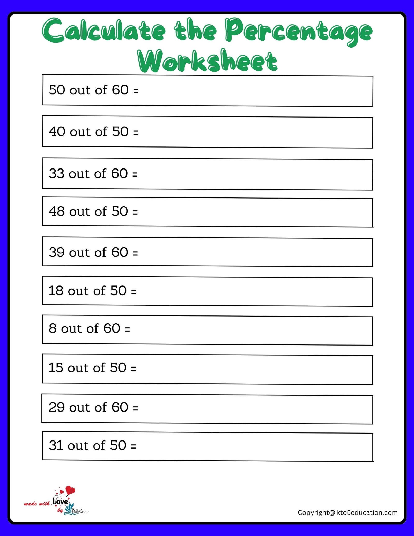 Calculate A Percentage Of 50 To 60 Worksheet