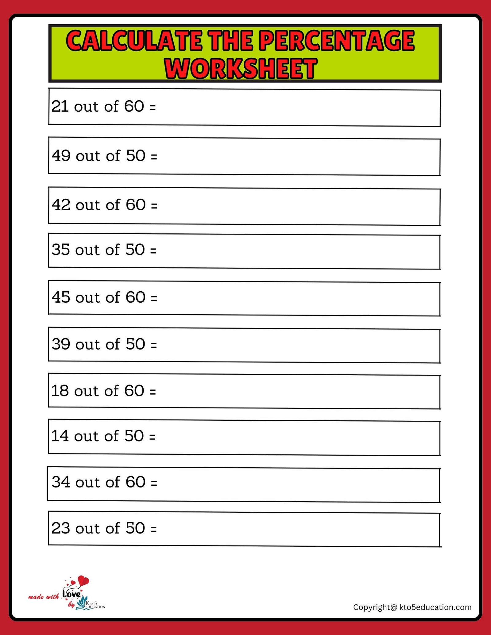 Calculate Percentage In 50 To 60 Worksheet