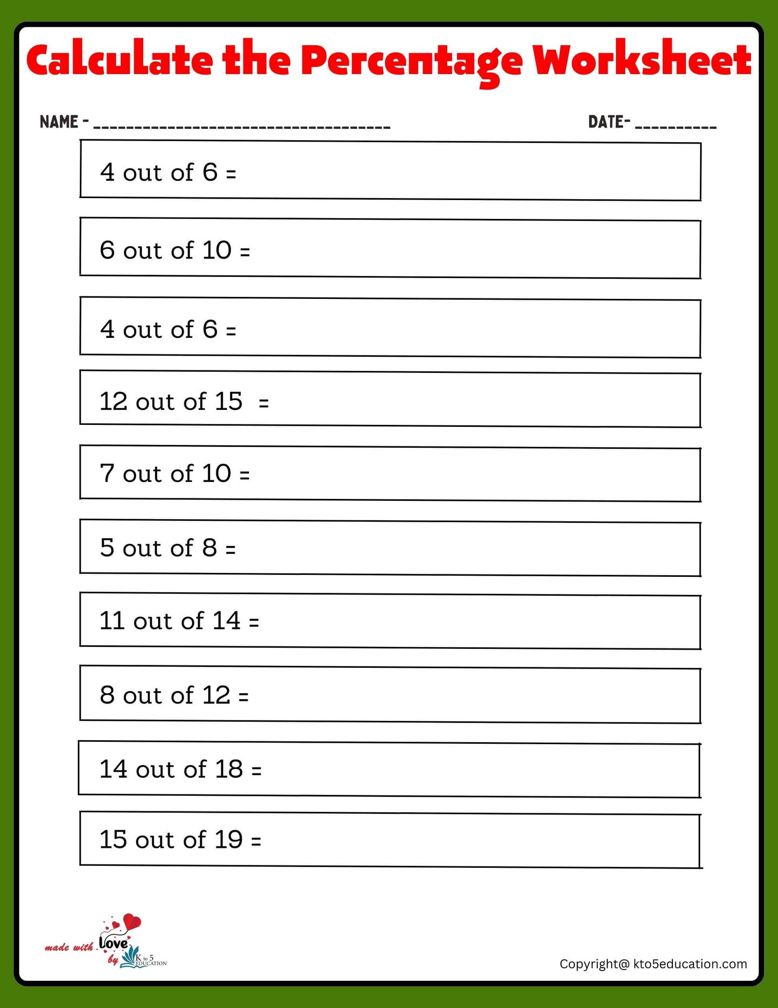 Calculate Percentage Of A Value Small Fraction Worksheet