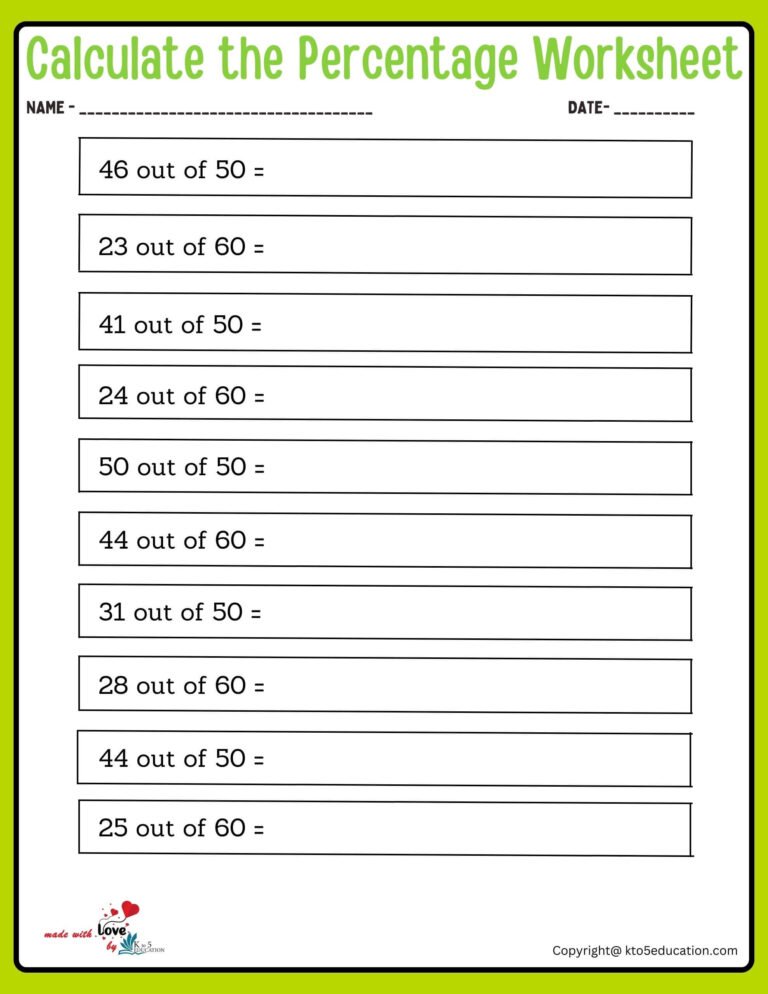 Calculate Percentage Of A Value Worksheet 50 To 60 | FREE Download