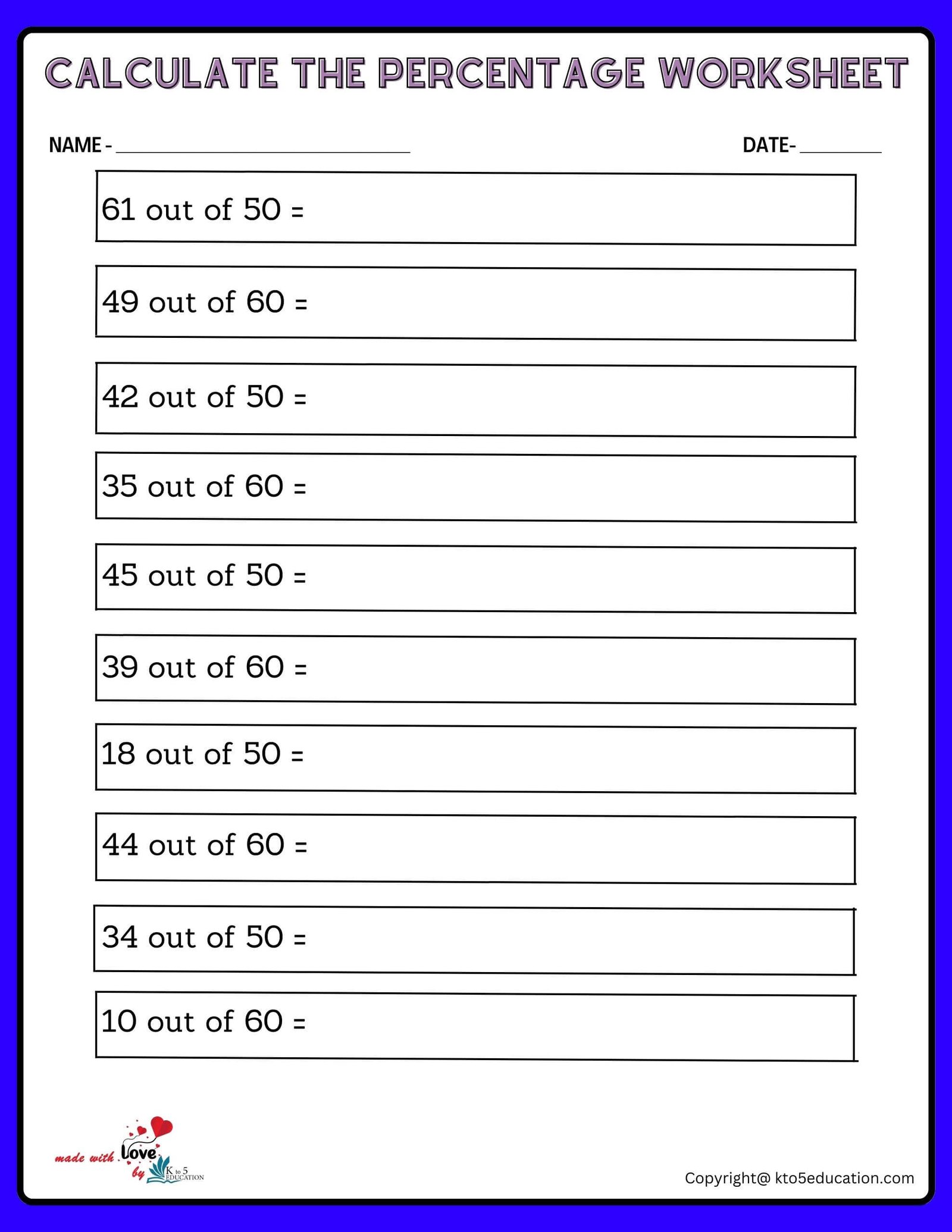 Calculate Percentage Of Raise 50 To 60 Worksheet