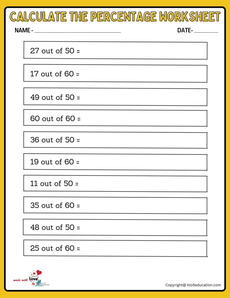 Calculate The Percentage 50 To 60 Worksheet | FREE Download