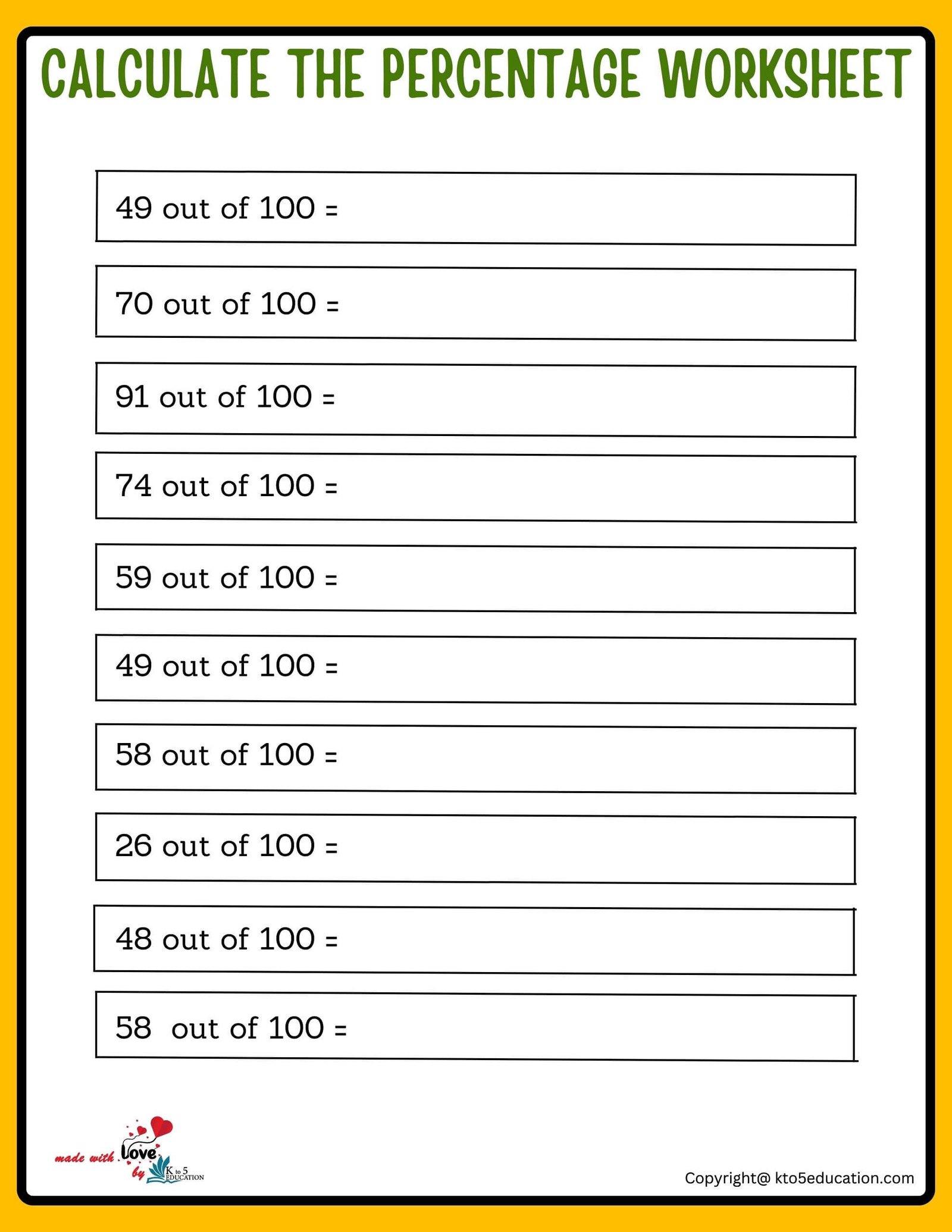 Calculate The Percentage Of 100 Worksheet