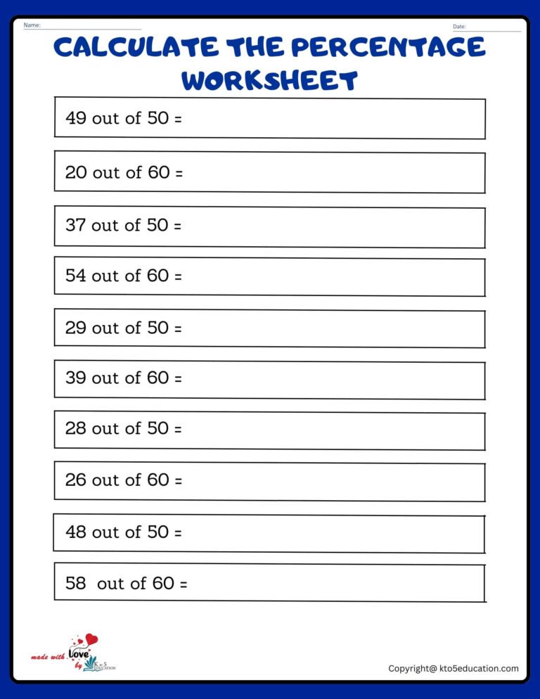 Calculate The Percentage Of 50 To 60 Worksheet | FREE Download