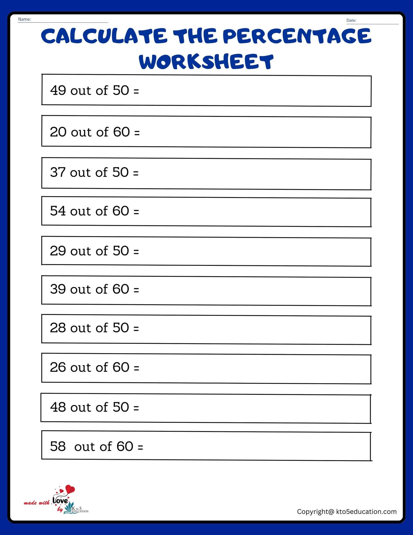Calculate The Percentage Of 50 To 60 Worksheet