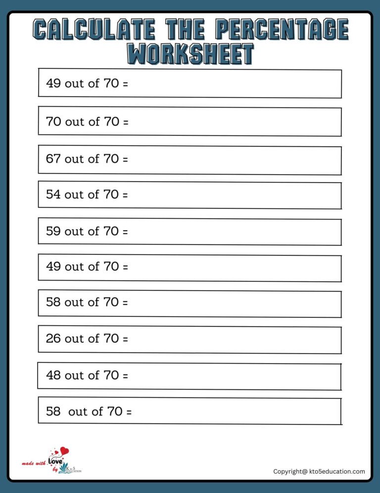 Calculate The Percentage Of 70 Worksheet