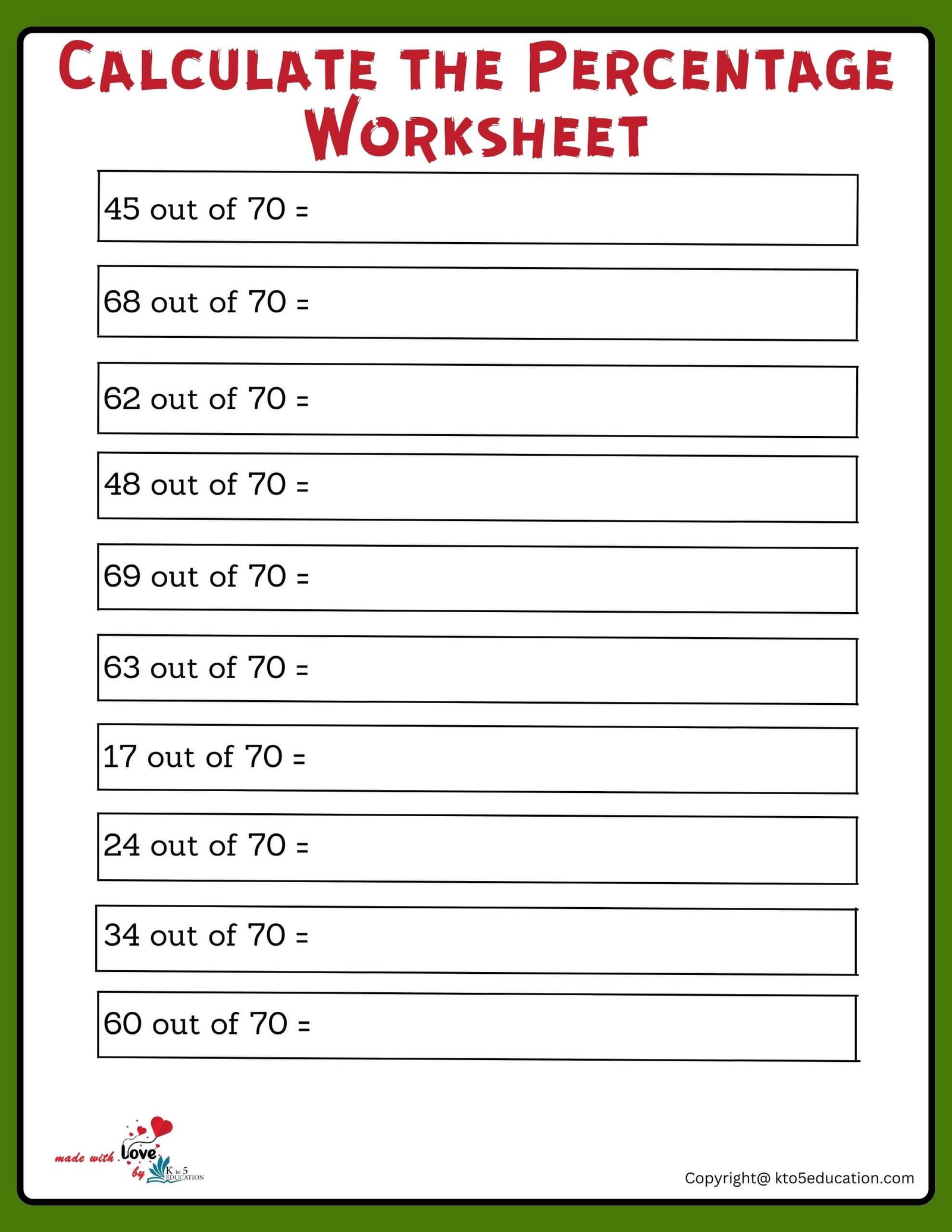 Calculate With 70 Percentage Worksheet